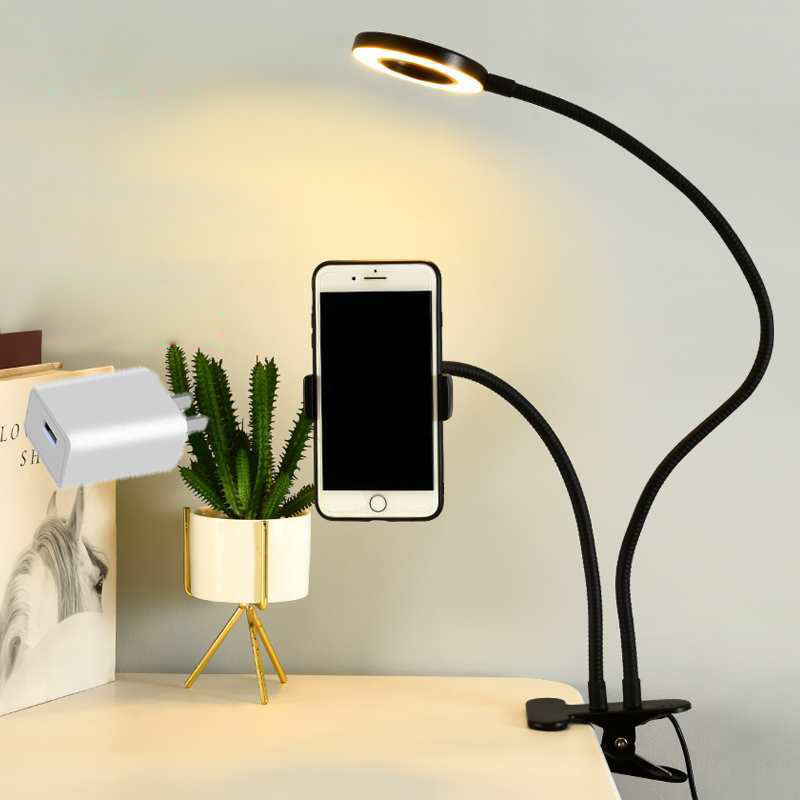 Photography Lighting Patterns - 自撮りリングライト付きユニバーサルフレキシブル携帯電話ホルダー、オフィス怠惰なブラケットデスクランプLEDライト、ライブストリームフィルライト用
